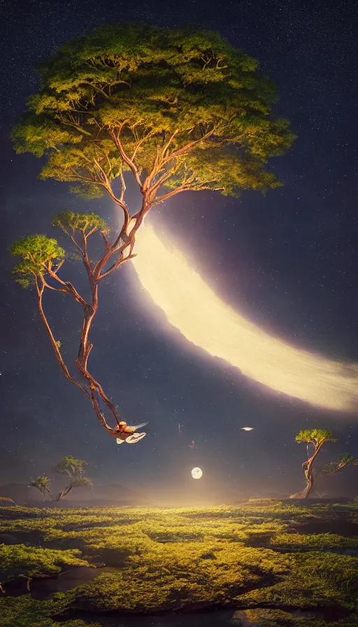 Prompt: big koi fish swimming in the sky over moonlit socotra island with dragon trees, starry night, sharp focus, wide shot, trending on artstation, masterpiece, by greg rutkowski, by ross tran, by fenghua zhong, octane, soft render, ultrarealistic, colorful, cinematic, midsommar