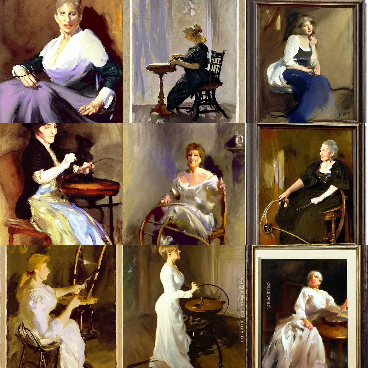 Prompt: A 50 year old woman who looks like Barbara Streisand is spinning yarn on a spinning wheel, by john singer sargent