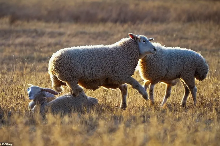 Prompt: sheep eating a wolf, national geographics, golden hour, beautiful, 6 0 0 mm