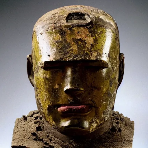 Image similar to an extremely ancient ironman bust that is tarnished and covered in sediment from uncovered earth expedition, rare photograph, smithsonian,