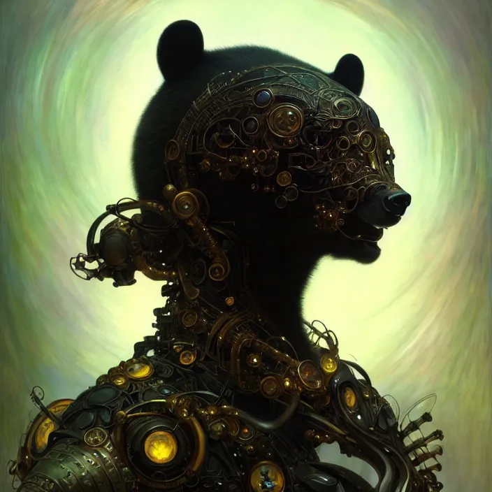 Image similar to organic cyborg, anthropomorphic asian black bear, diffuse lighting, fantasy, intricate, elegant, highly detailed, lifelike, photorealistic, digital painting, artstation, illustration, concept art, smooth, sharp focus, art by John Collier and Albert Aublet and Krenz Cushart and Artem Demura and Alphonse Mucha