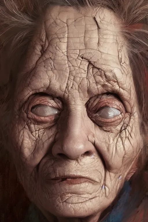 Image similar to portrait of a old woman with cracked reaction diffusion skin. high detail, by Eddie Mendoza