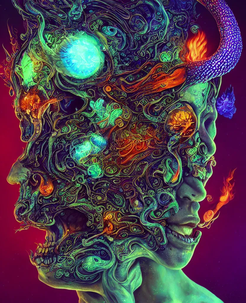 Prompt: psychedelic shaman close-up portrait. amanita muscaria phoenix head, nautilus, insect, skull, ice and fire, bioluminiscent creatures, intricate artwork by Tooth Wu and wlop and beeple. octane render, trending on artstation, greg rutkowski very coherent symmetrical artwork. cinematic, hyper realism, high detail, octane render, 8k