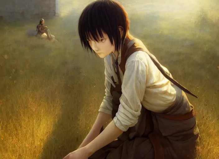 Prompt: lain iwakura from serial experiments lain as medieval peasant working in the field wiping off sweat from forehead wonderful masterpiece highly detailed scifi, beautiful cinematic light deep focus, elegant, digital painting, smooth, sharp focus, golden ratio, dramatic illumination, ultra realistic, 4 k, art by greg rutkowski wlop rossdraws