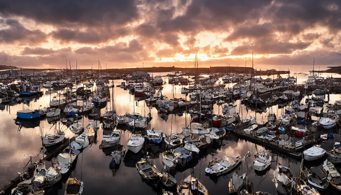 Prompt: stunning high quality landscape photograph of a cornish fishing port at sunset, taken by daniel kordan, lighting by albert bierstadt, fujifilm x series, fujinon lens, 2 4 mm, f 1 6, flickr, 5 0 0 px, behance competition winner, photographer of the year, crepuscular rays