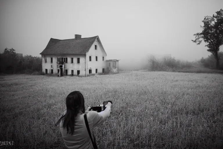 Image similar to a tourist taking a photo of an abandoned farmhouse, cinematic shot, foggy, photo still from movie by denis villeneuve