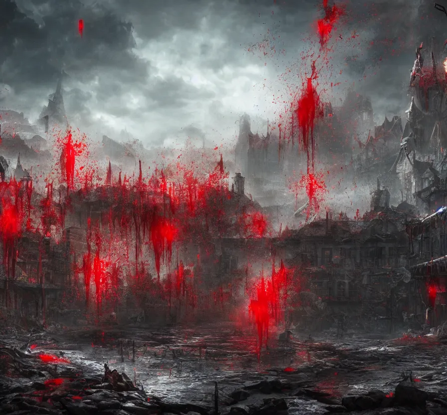 Image similar to blood rain in town, fantasy artwork, very beautiful scenery, hd, hdr, ue 5, ue 6, unreal engine 5, cinematic 4 k wallpaper, 8 k, ultra detailed, by popular digital artist,