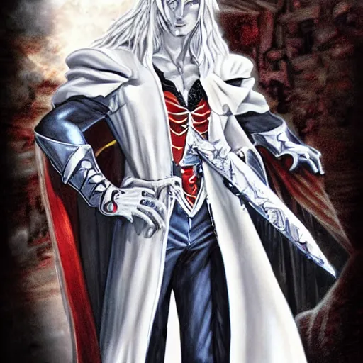 Image similar to Alucard, Castlevania Symphony of the night, full body, concept art, ultra detailed