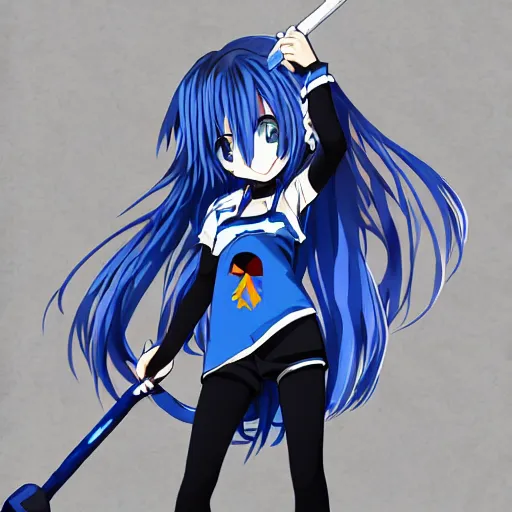 Image similar to an anime girl, holding a giant blue hammer with the logo of a black heart, and the anime girl has blue hair, white and black t - shirt, blue short - pants and she's barefoot without slippers and socks