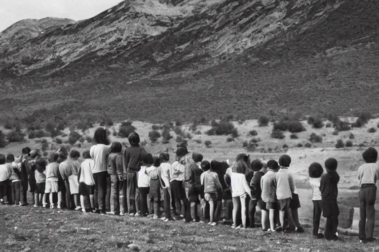 Image similar to A line of children waiting to look through a telescope, Ansel Adams