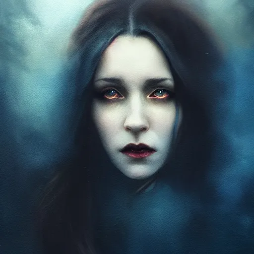 Prompt: riveting charismatic brunette female vampire, portrait, atmospheric lighting, painted, intricate, fog, cold, volumetric lighting, beautiful, night time, blue moon light, sharp focus, deep colours, ultra detailed, by leesha hannigan, ross tran, thierry doizon, kai carpenter, ignacio fernandez rios