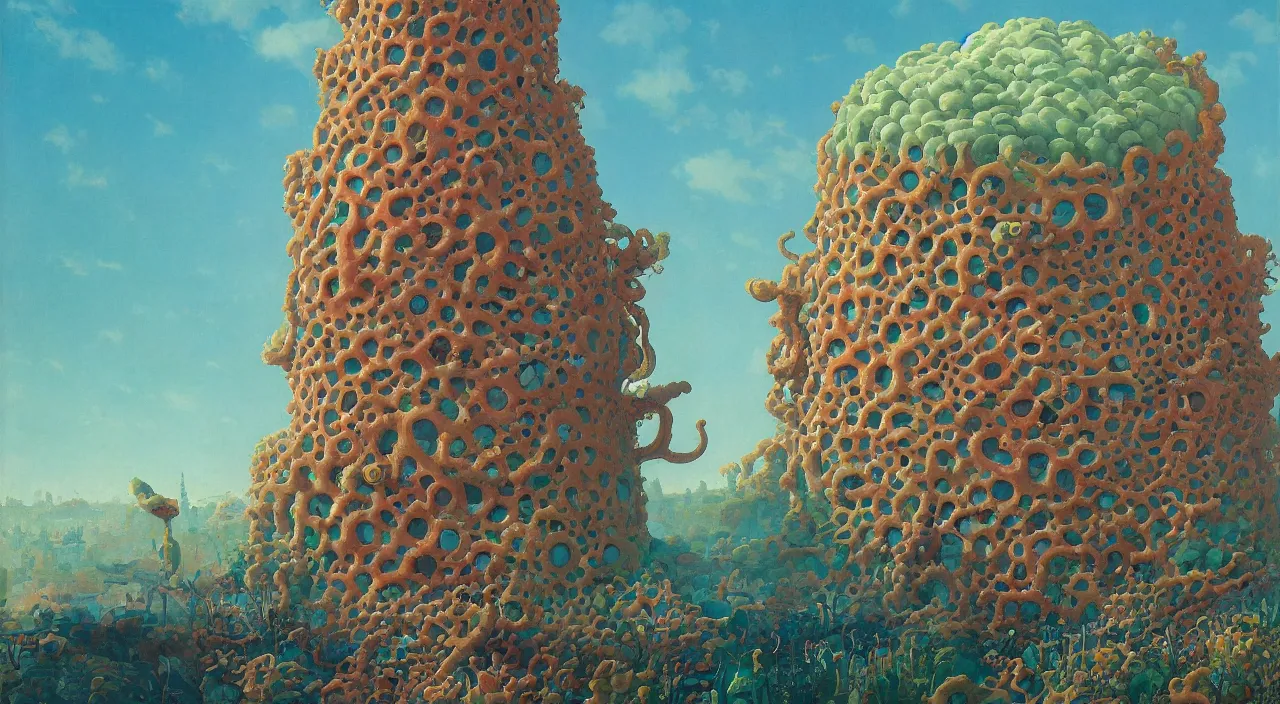 Prompt: single flooded coral tentacle tower, very sharp coherent and colorful high contrast!! masterpiece by rene magritte simon stalenhag carl spitzweg syd mead norman rockwell edward hopper james gilleard, overdetailed, dark shadows, sunny day, hard lighting