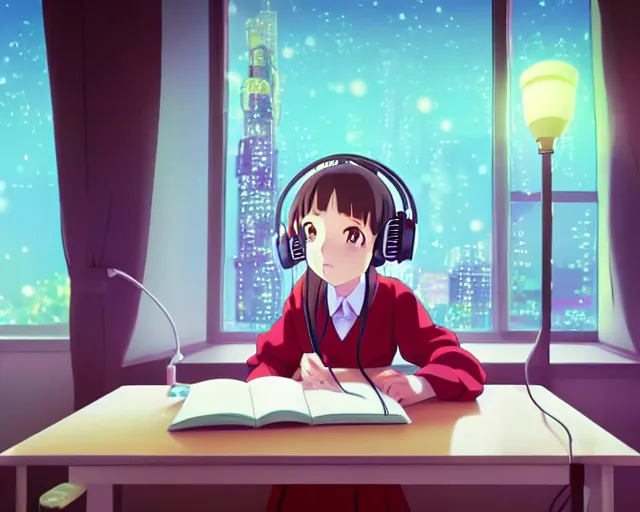 Image similar to anime fine details portrait of joyful school girl in headphones studying near monitor in her room at the table, evening, lamp, lo-fi, open window, dark city landscape on the background deep bokeh, profile close-up view, anime masterpiece by Studio Ghibli. 8k, sharp high quality anime