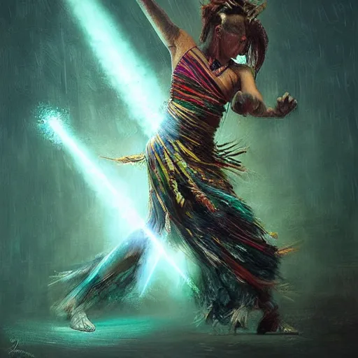 Prompt: a shaman dancing with light by Raymond Swanland