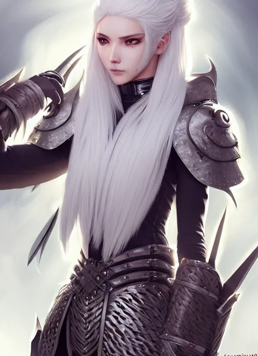 Image similar to warrior, fur leather armor!!! beautiful and elegant white hair female!! gorgeous ayes!! character concept art, sharp focus, octane render! unreal engine 5! highly rendered!! trending on artstation!! detailed linework!! illustration by artgerm, wlop, and chie yoshii