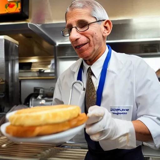 Image similar to A photo of Dr. Anthony Fauci flipping burgers at a fast food restaurant