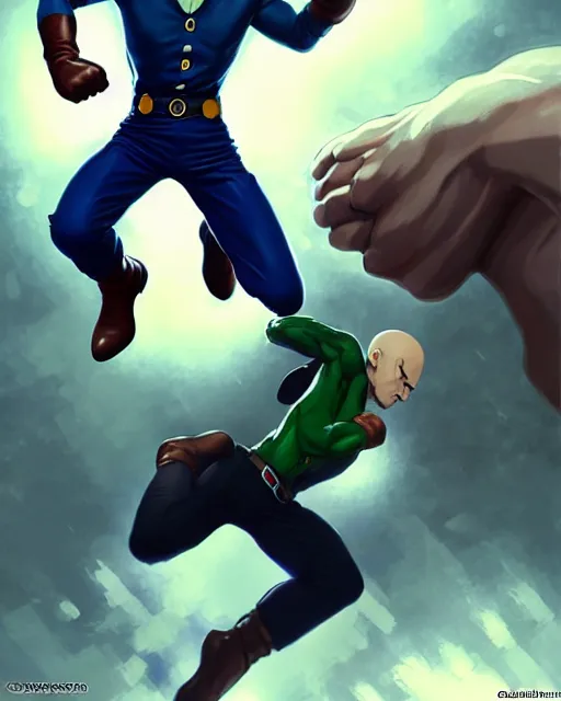 Prompt: gigachad luigi fighting like one punch man in a suit in tokyo, ernest khalimov body by krista sudmalis, fantasy character portrait, ultra realistic, full body concept art, intricate details, highly detailed by greg rutkowski, ilya kuvshinov, gaston bussiere, craig mullins, simon bisley