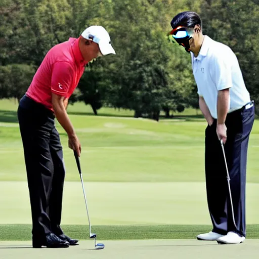 Image similar to xi jingping hits a putt while joe biden tends the flag