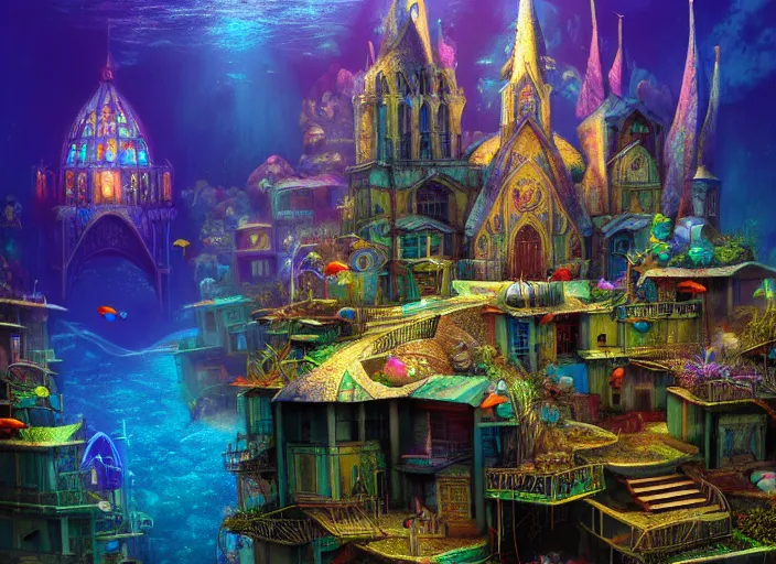 Image similar to favela fantasy cathedral, underwater environment, sorcery, scenery, professional, award - winning, trending on artstation, hyper detailed, realistic, beautiful, emotional, shiny, colorful, picture