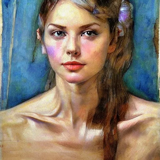 Image similar to gorgeous beautiful woman, slight smile, hyperrealism vrubel