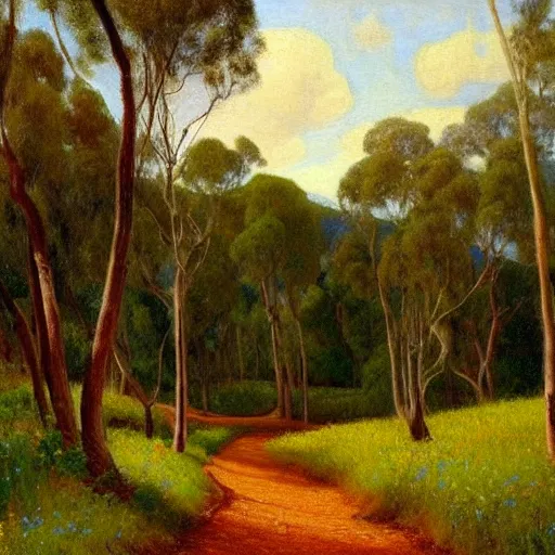 Image similar to a painting of a dirt road surrounded by eucalyptus trees and california golden poppies, woodland hill in the distance. an oil painting by Julian Onderdonk, featured on deviantart, australian tonalism, pre-raphaelite, impressionism, detailed painting