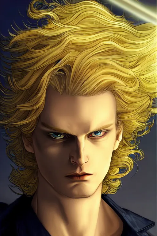 Prompt: digital art of a pale menacing male Cyborg Angel of Battle with fluffy blond curls of hair and piercing eyes, ascending to godhood blessed by the sun, bathed in scintillating radiance, johan liebert mixed with Dante, central composition, he commands the fiery power of resonance and wrath, very very long blond curly hair, fringe over forehead, Center parted bangs, forehead bangs parted in the middle, baroque curls, by WLOP, Artstation, CGsociety
