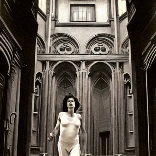 Image similar to detailed still of beautiful Ripley-Sigourney Weaver wearing a white singlet and cat Jonesy moving apartment New York City 1983, gothic building entrance way Art Deco H.R. Giger, cinematic feel, high octane