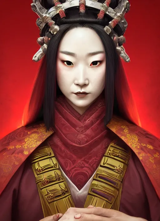 Image similar to portrait of a deadly samurai queen in blood red robes, hyperborea lemuria, legendary, pixar doll decollete deep focus, d & d, fantasy, intricate, elegant, highly detailed, digital painting, artstation, concept art, matte, sharp focus, illustration, hearthstone, art by rhads by artgerm and greg rutkowski and alphonse mucha