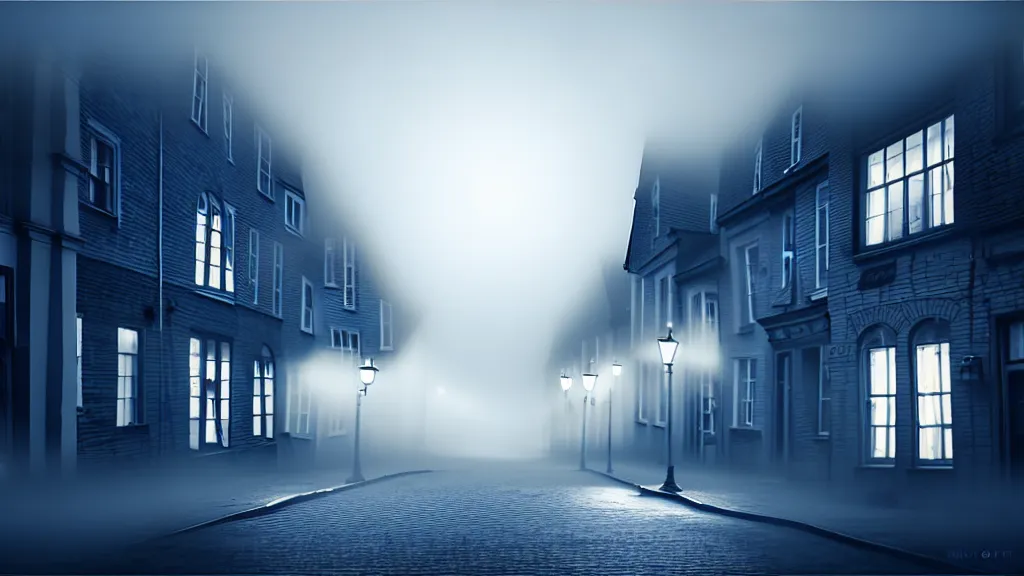 Image similar to the old town with houses in the windows of which the light is on. early morning, fog. mike barr painting. volumetric light, derk blue ambient, noir arthouse, 3 5 mm, hight detalied, hd, 4 k