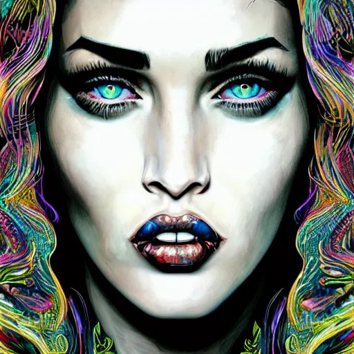 Image similar to an extremely psychedelic portrait of megan fox, surreal, lsd, face, detailed, intricate, elegant, lithe, highly detailed, digital oth, sharp focus, illustration,