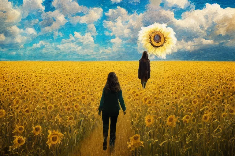 Image similar to giant sunflower as a head, girl walking in wheat field, hills, surreal photography, dark night, star trails, dramatic light, impressionist painting, clouds, digital painting, artstation, simon stalenhag