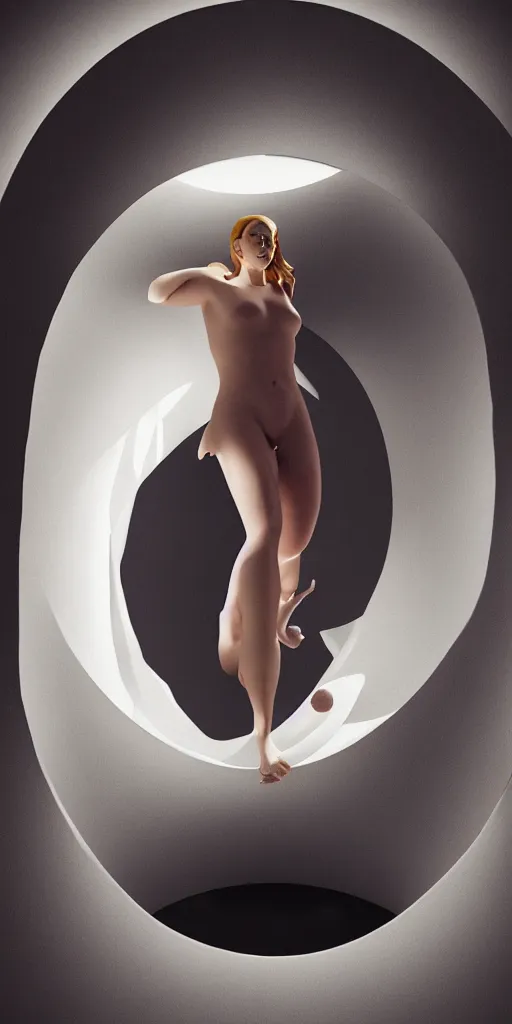 Image similar to a beautiful painting of a fully clothed woman emerging from a stargate by francesca woodman by octane render blender 8 k isometric dof spot lighting