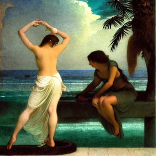 Image similar to Silhouette of two girls at the palace, thunderstorm, greek pool, beach and palm trees on the background major arcana sky, by paul delaroche, alphonse mucha and arnold böcklin arnold böcklin hyperrealistic 8k, very detailed