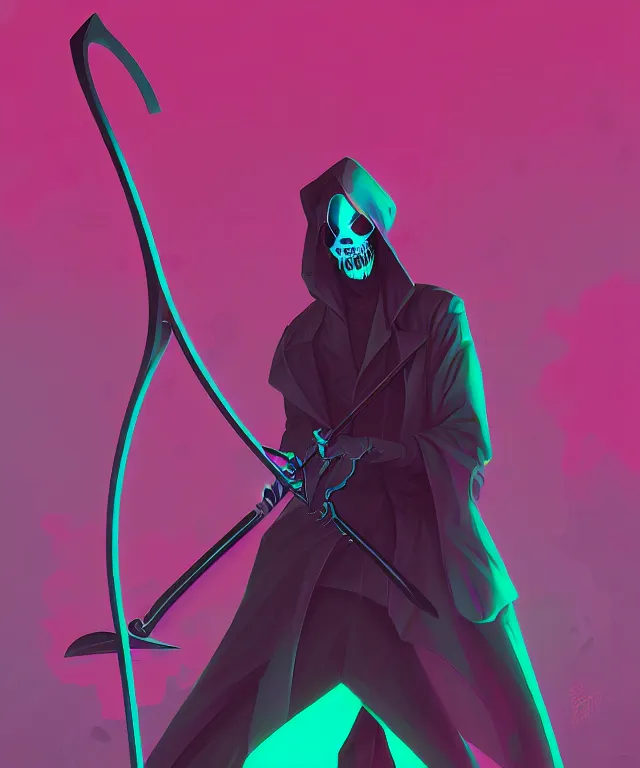 Image similar to a portrait of a neon grim reaper holding a scythe, fantasy, elegant, digital painting, artstation, concept art, matte, sharp focus, illustration, art by josan gonzalez