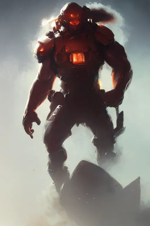 Prompt: A closeup of a Juggernaut by Greg Rutkowski, 4k photorealistic, volumetric lighting, HD, high details, dramatic, trending on artstation