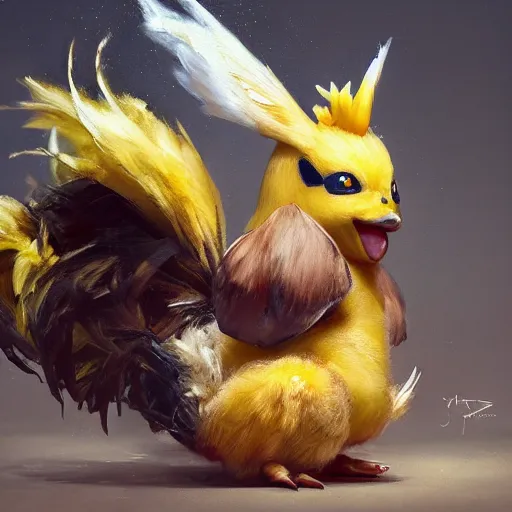 Image similar to expressive oil painting of ( ( ( rooster ) ) ) pikachu chimera, by jean - baptiste monge, octane render by yoshitaka amano, by greg rutkowski, by jeremyg lipkinng, by artgerm