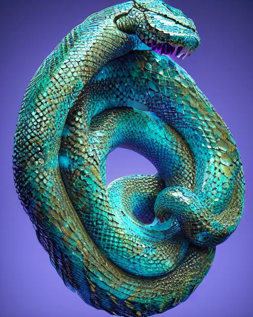 Prompt: a photo of a sculpture of a snake made from blue and emerald and amethyst crystal geode formations with liquid gold tendrils by jean pierre roy by stanisław szukalski by beeple, octane render, recursive, tendrils, tessellation, elestial crystals, geode, refracted light