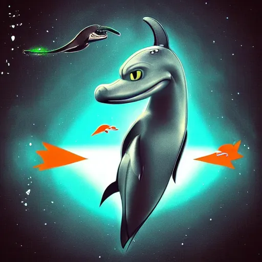 Prompt: “ dolphin in the style of how to train your dragon holding laser gun, floating alone, with a black background, digital art, award winning, trending on art station, retro style ”