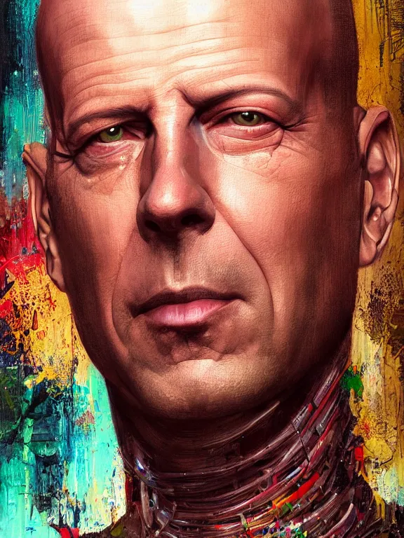 Prompt: art portrait of Bruce Willis,8k,by tristan eaton,Stanley Artgermm,Tom Bagshaw,Greg Rutkowski,Carne Griffiths,trending on DeviantArt,face enhance,hyper detailed,minimalist,cybernetic, android, blade runner,full of colour,