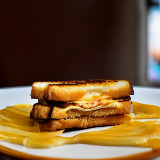 Prompt: a baby chick standing on top of a grilled cheese sandwich on a plate, close up, dslr photo