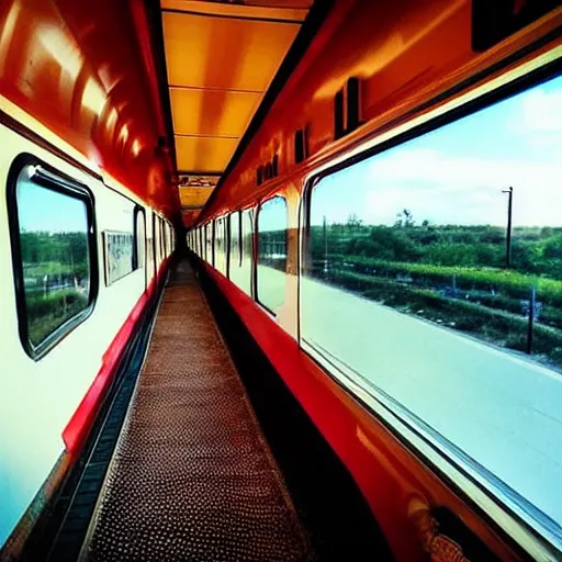 Image similar to a inside of a train hallway the train hallway is empty and train is moving the window view is a sunset view of a beautiful landscape