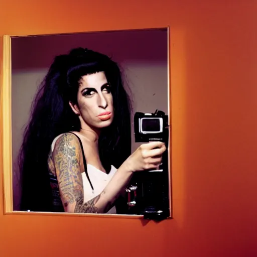 Image similar to film portrait of Amy Winehouse standing in a bedroom mirror holding a leica camera, gorgeous makeup, ektachrome,