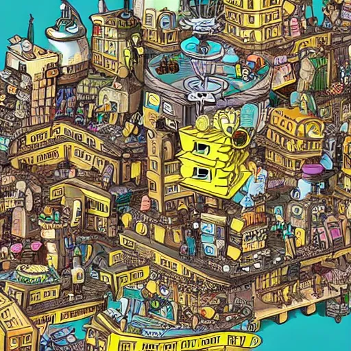 Prompt: overpopulated steampunk spongebob city, in the style of spongebob