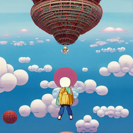 Image similar to a man walking on clouds above kyoto by takashi murakami, beeple and james jean, aya takano color style, 4 k, super detailed