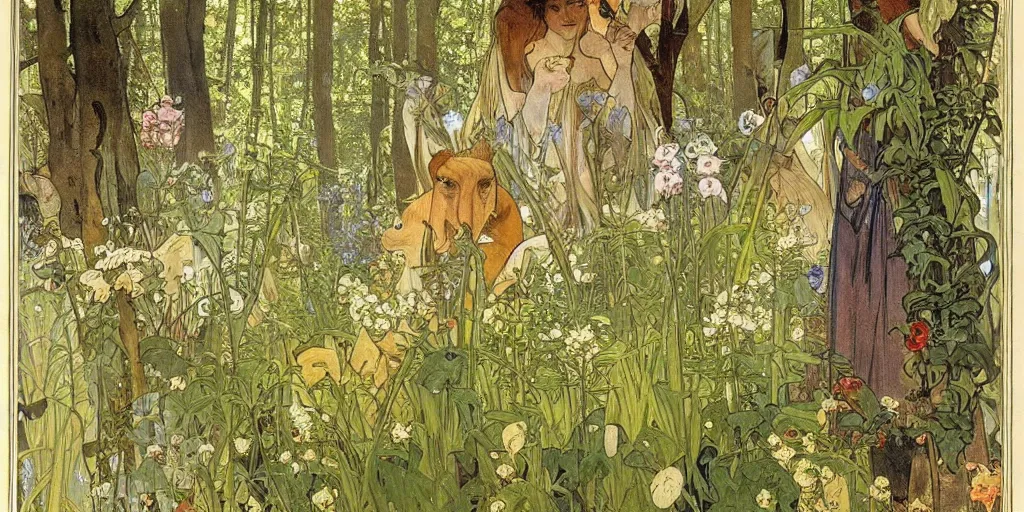 Image similar to a beautiful painting of wild animals in the woods with vines and ferns and flowers, painted by carl larsson and alphonse mucha