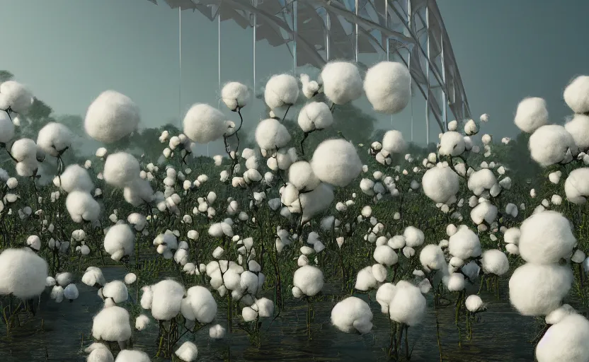 Image similar to explosions in the form of realistic cotton plants cover harbour bridge, huge cotton plants everywhere, smooth, sharp focus, highly detailed, 3 d octane render, epic lighting, dark atmosphere, lots of cotton plants, 8 k, by goro fujita