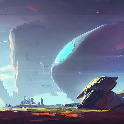 Image similar to landscape painting of a small spaceship crashed into a foreign planet. The spaceship is buried in the ground, smoking. clean sharp digital art, environment concept art, by rossdraws, ghibli, breath of the wild, greg rutkowski