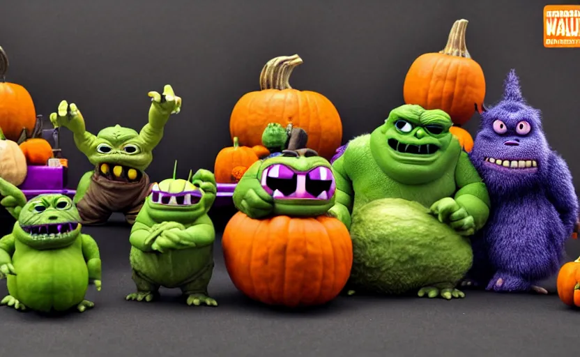 Image similar to pumpkin godzilla yoda donkey kong pikachu yeti shrek super robot homer groot waluigi darth vader mike wazowski, highly detailed, extremely high quality, hd, 4 k, 8 k, professional photographer, 4 0 mp, lifelike, top - rated, award winning, cinematic, realistic, detailed lighting, detailed shadows, sharp, no blur, edited, corrected, trending