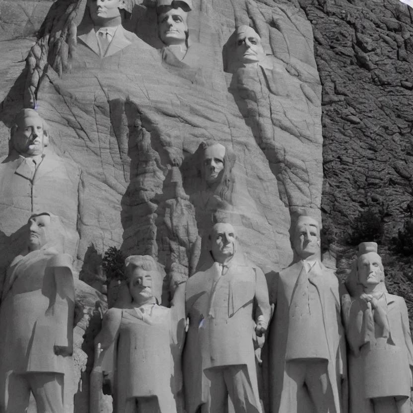 Image similar to slendertubbies as the founding fathers at mt. rushmore