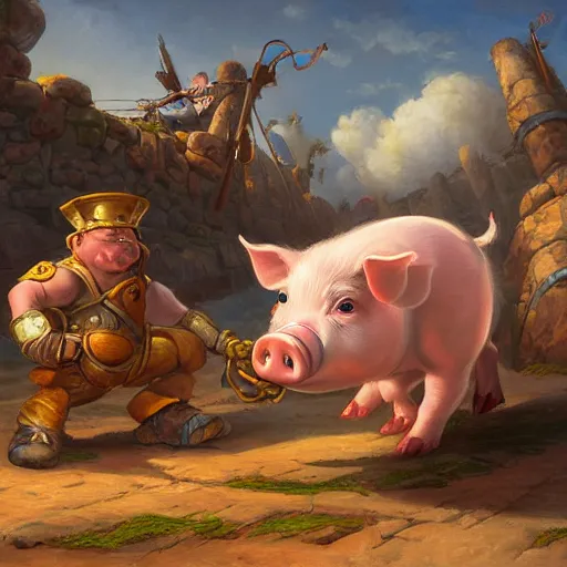 Image similar to catapult launching a pig, oil painting by justin gerard, deviantart